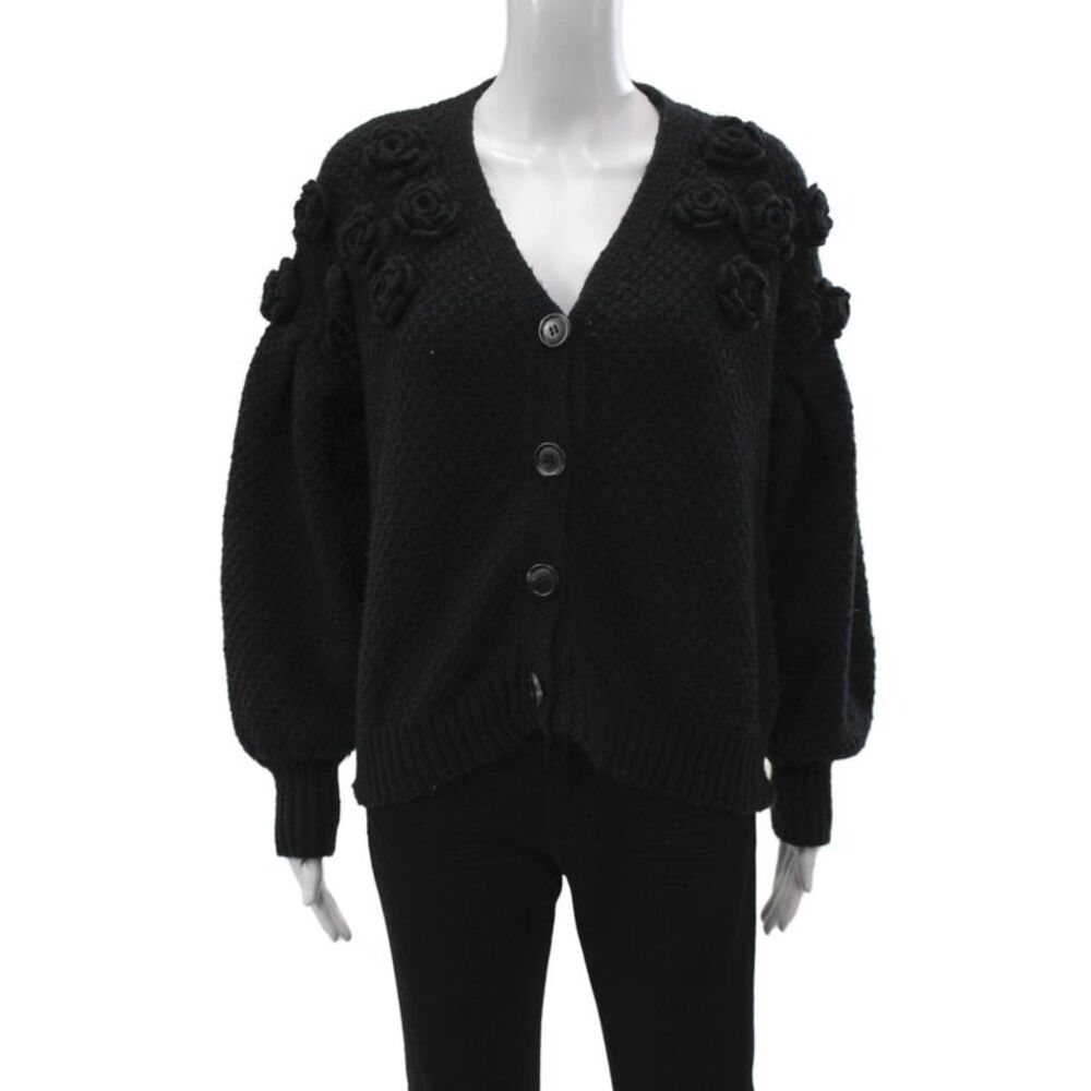 Stellah Women Black V-Neck Long Sleeve Cardigan 100% Polyester Size M